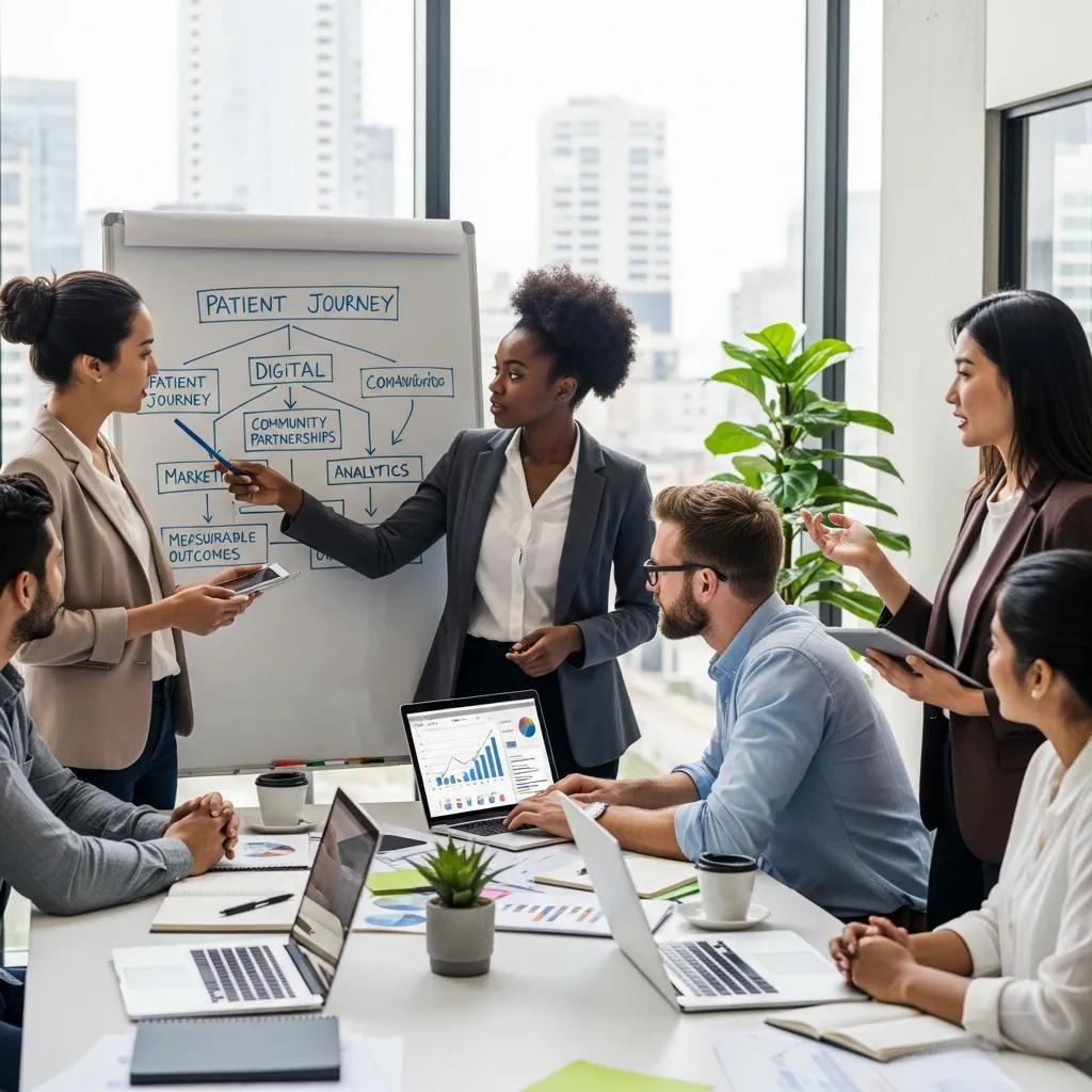 Marketing professionals collaborating on addiction treatment strategies, discussing patient journey and measurable outcomes, with charts and digital analytics displayed on laptops and whiteboard.