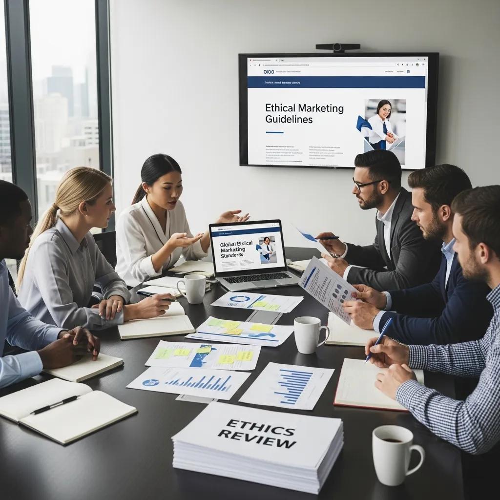 Marketing team discussing ethical practices for addiction treatment, with laptops and documents on the table, featuring "Ethical Marketing Guidelines" on the screen and "ETHICS REVIEW" prominently displayed.