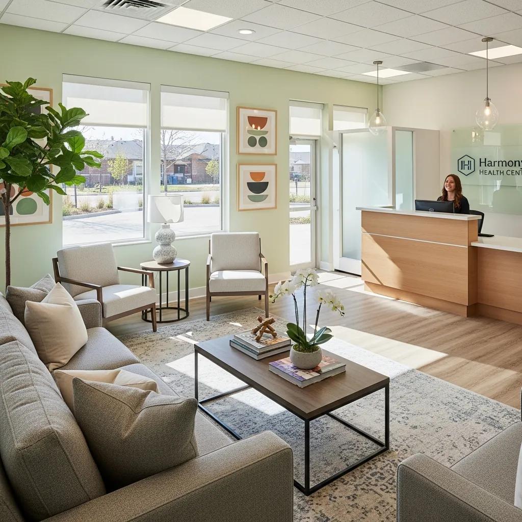 Welcoming reception area of an addiction treatment center featuring comfortable seating, greenery, and a friendly staff member at the front desk, emphasizing healing and comfort.