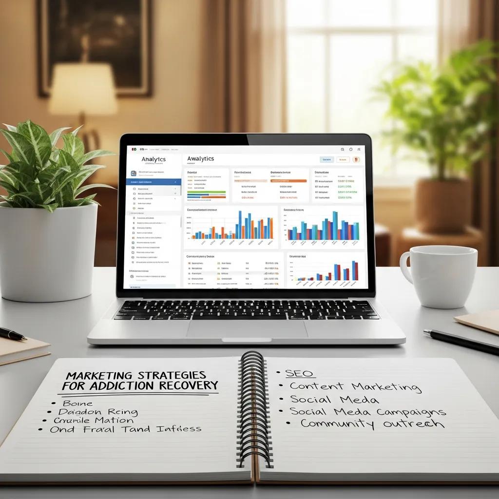 Digital marketing workspace focused on addiction treatment with analytics and strategies