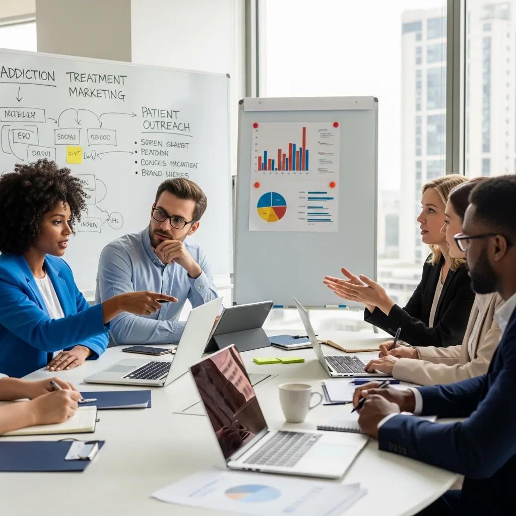 Diverse healthcare professionals collaborating on addiction treatment marketing strategies in a modern office