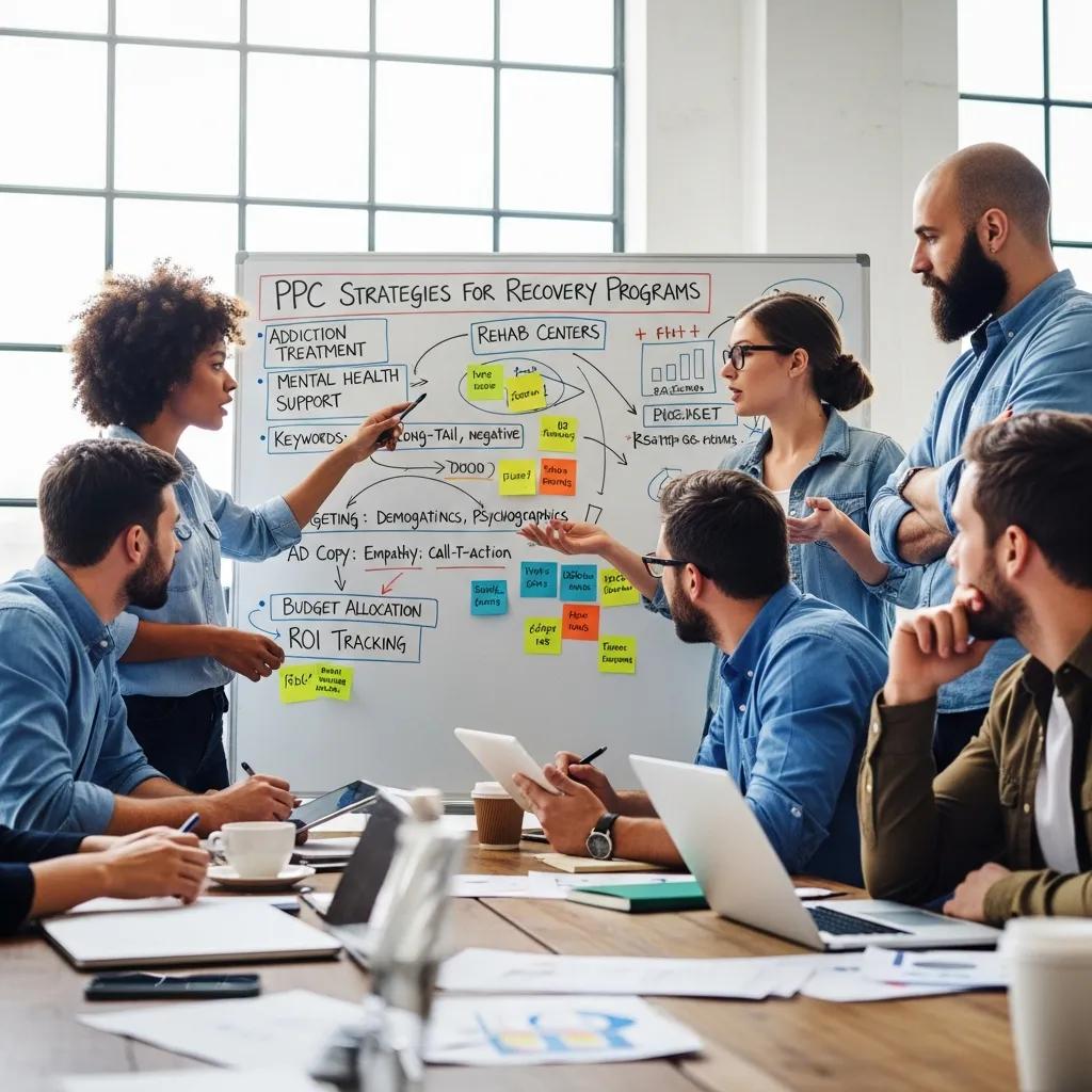 Marketing team collaborating on PPC strategies to drive admissions for recovery programs