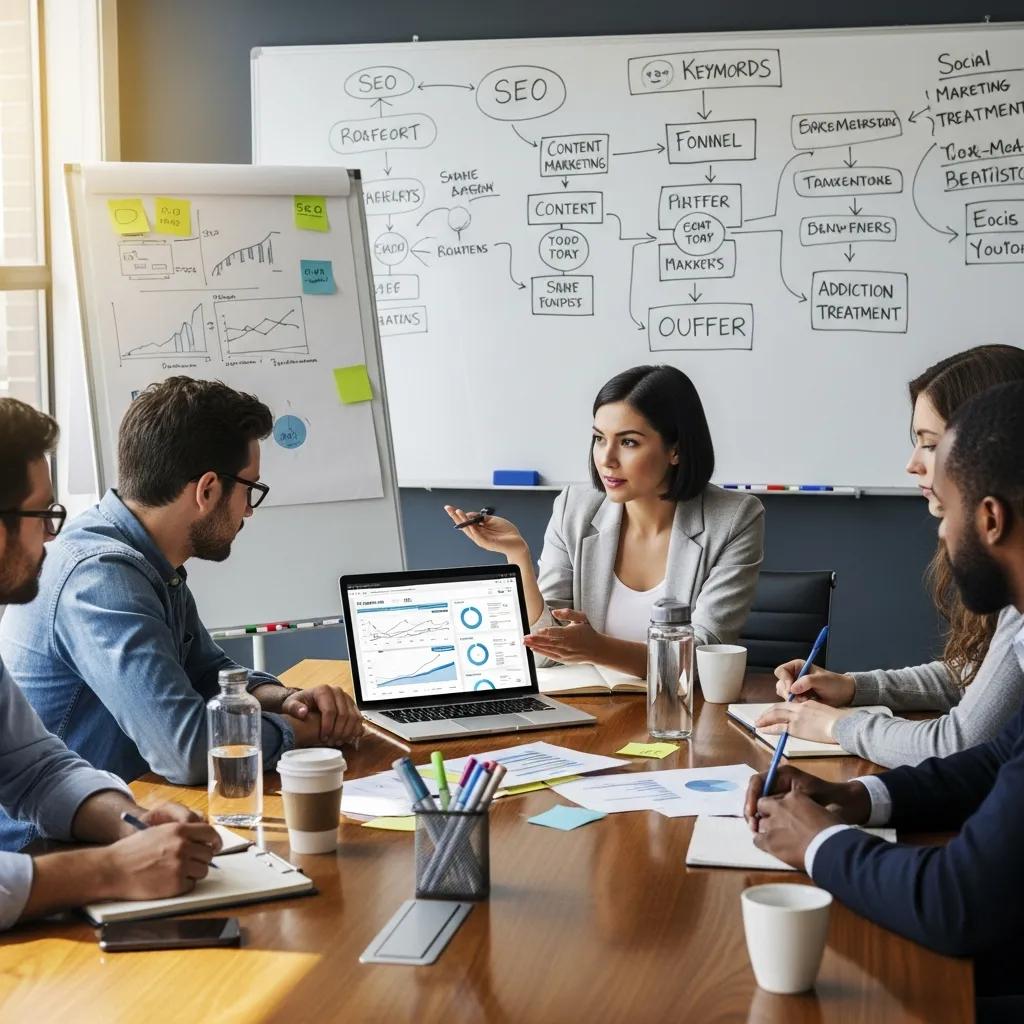 Digital marketing strategy meeting focused on rehab SEO agency comparison