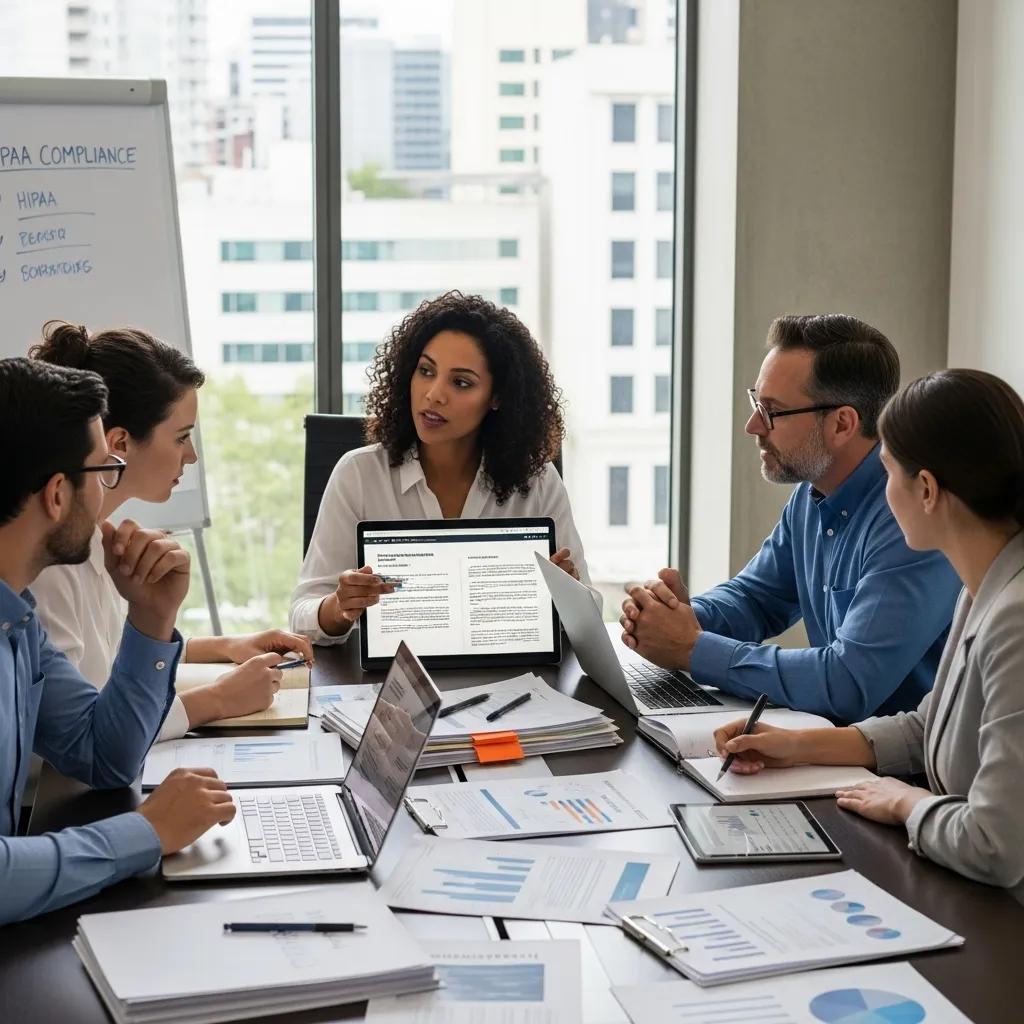 Marketing team discussing HIPAA compliance strategies in a professional setting, highlighting ethical practices