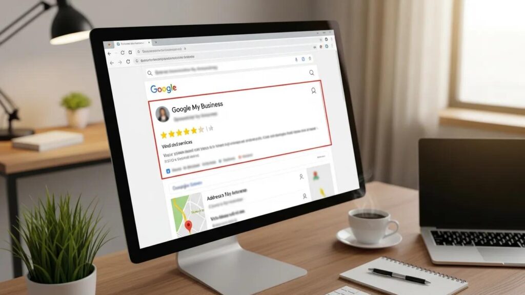 Computer screen displaying Google My Business search results, highlighting a business profile with star ratings, emphasizing online visibility for rehab centers.