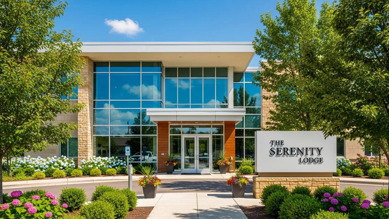 Modern rehab center exterior featuring welcoming entrance, large glass windows, and vibrant greenery, labeled "The Serenity Lodge."