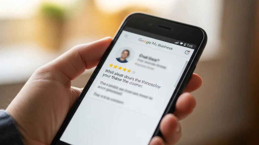 Smartphone displaying a positive patient review on Google My Business for a rehab center, emphasizing the importance of online feedback in local SEO.