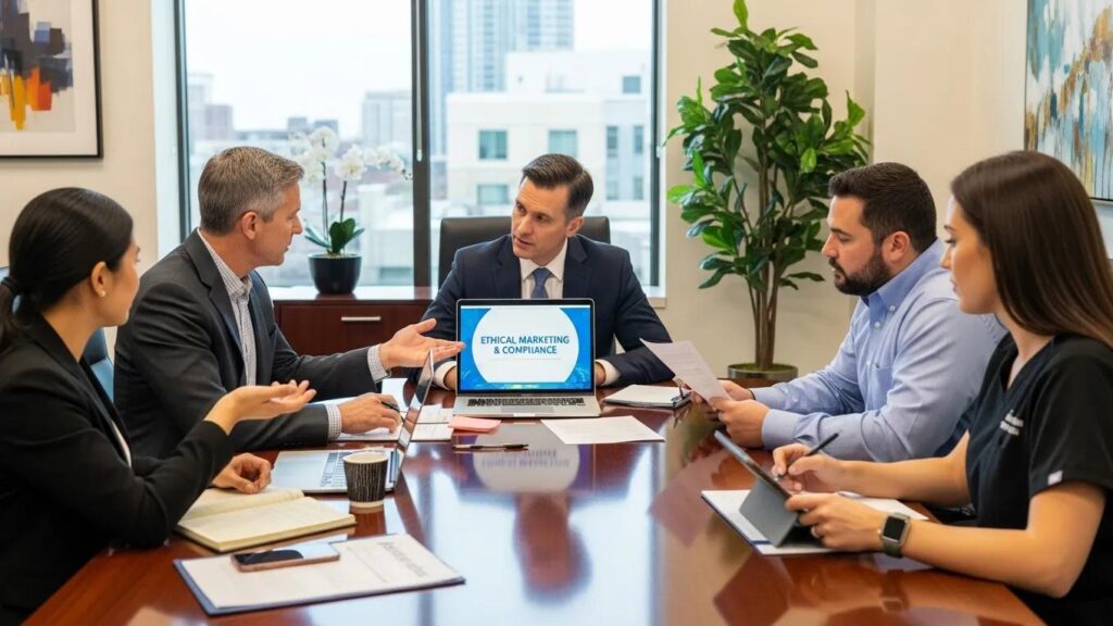 Team meeting at an addiction treatment center discussing compliance and ethical marketing strategies