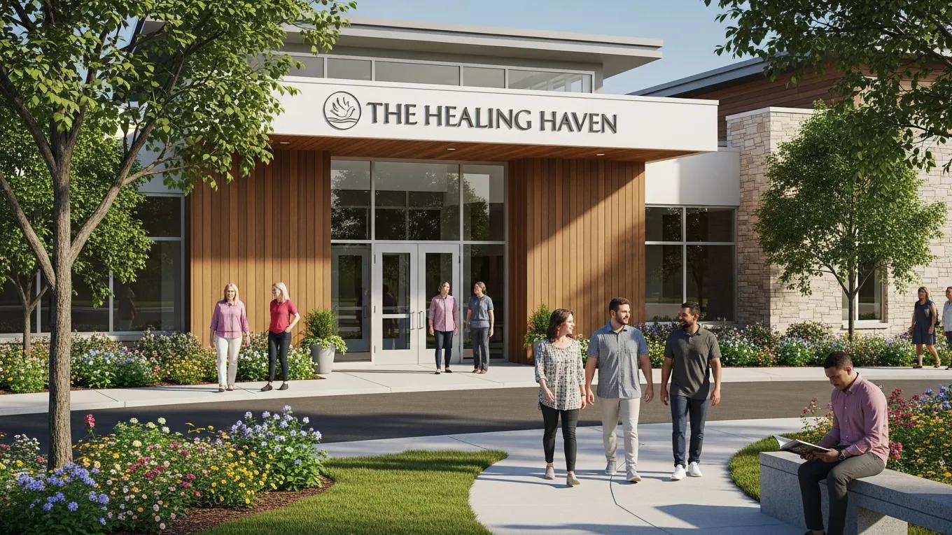 Welcoming exterior of a rehab center with greenery and positive interactions