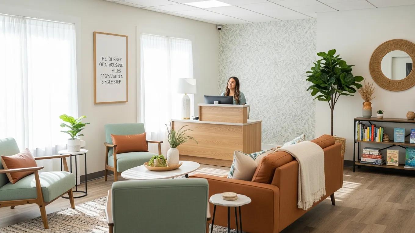 Welcoming reception area of an addiction treatment center emphasizing comfort and recovery