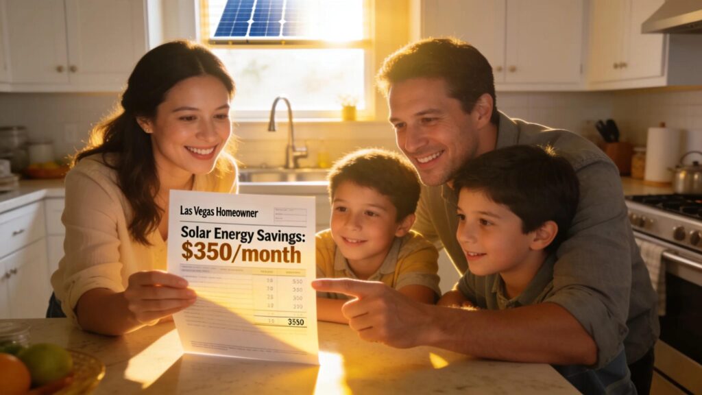 Family celebrating substantial savings on energy bills through solar energy usage