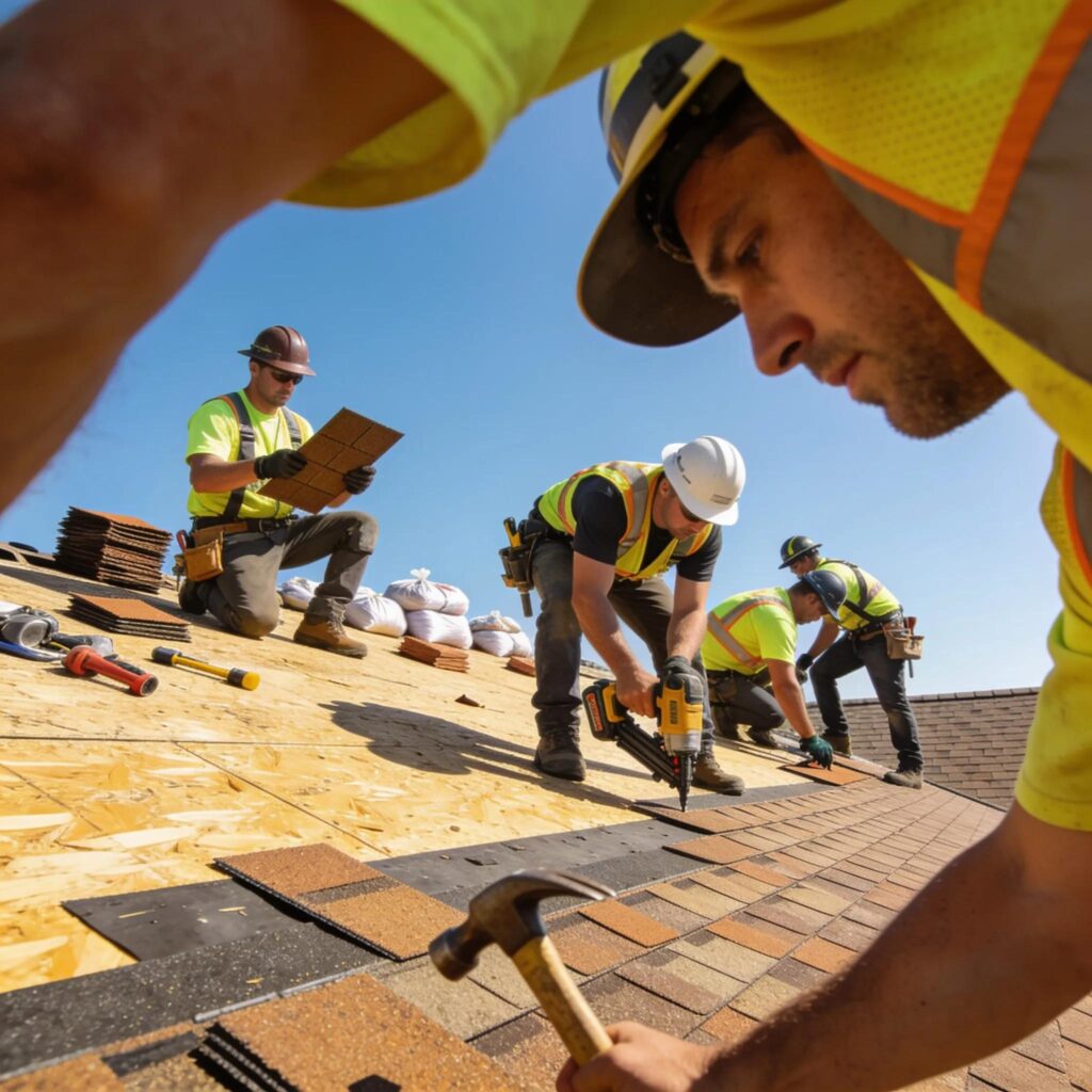 Roofers at work on a home roof replacement, showcasing tools and shingles