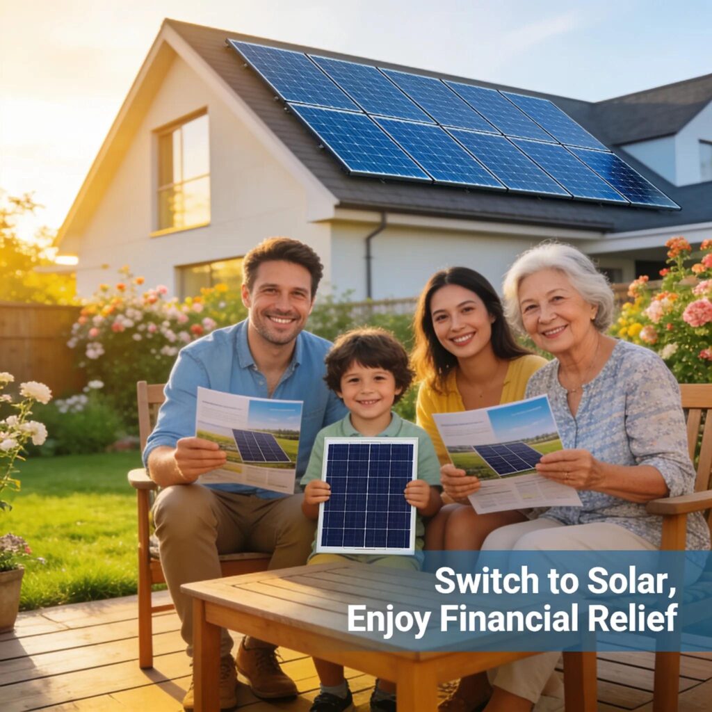 Happy family in their backyard with solar panels on the roof, representing solar energy benefits