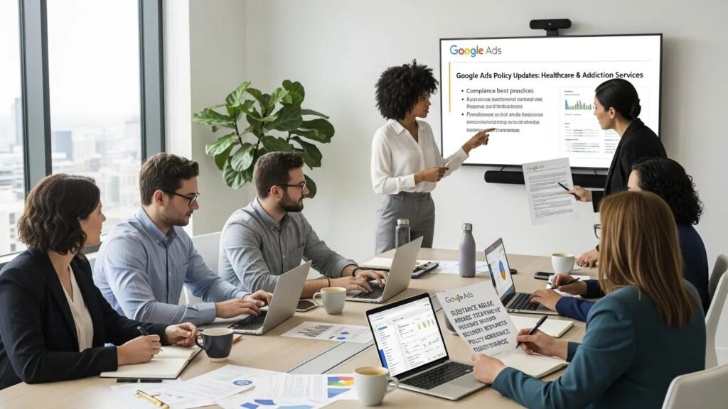 Digital marketing team collaborating on Google Ads compliance strategies for addiction treatment