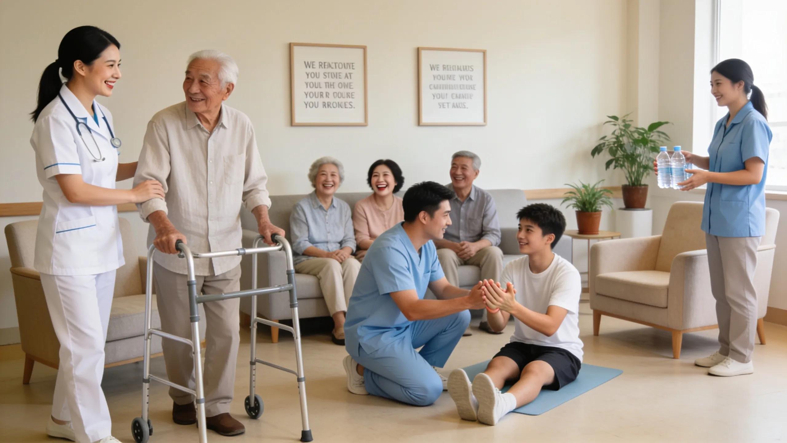 Clients and staff interacting in a welcoming rehabilitation center