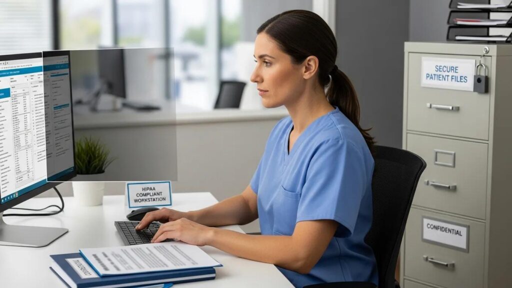Healthcare professional ensuring HIPAA compliance while reviewing patient data in a secure office