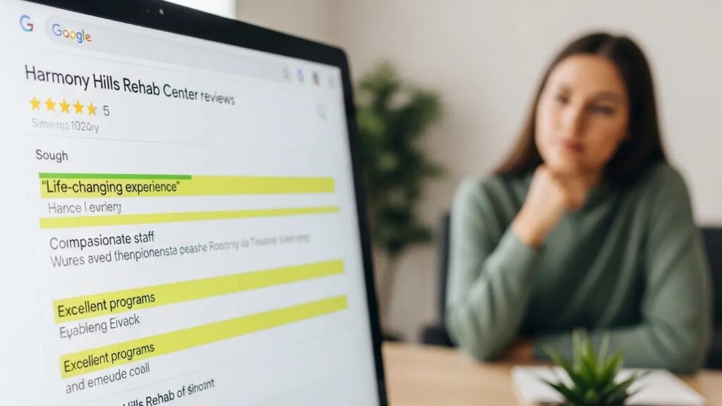 Computer screen showing search results with positive reviews for a rehab center