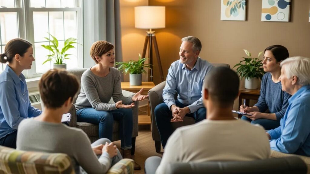 Group therapy session in a rehab center with patients sharing experiences