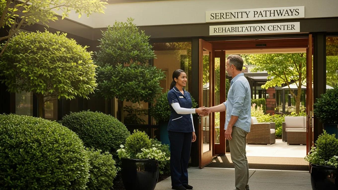 Rehab center entrance with staff member greeting a potential patient, supporting addiction treatment marketing and